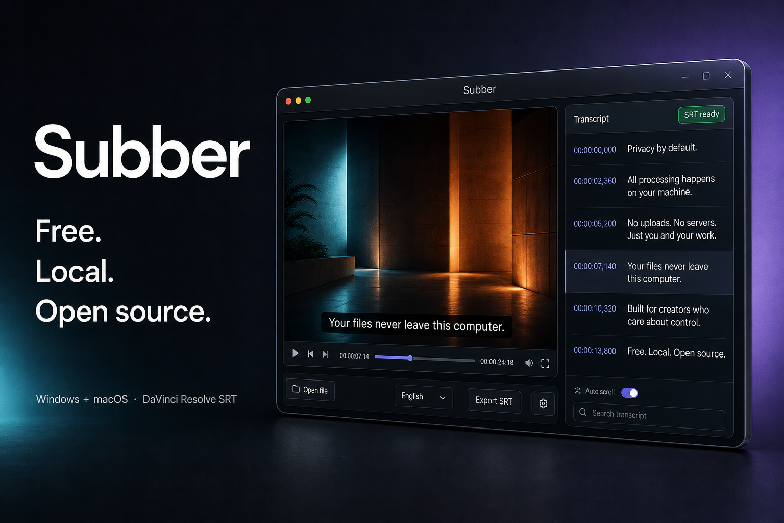 I built Subber — free, open-source subtitles and translation that run entirely on your computer logo